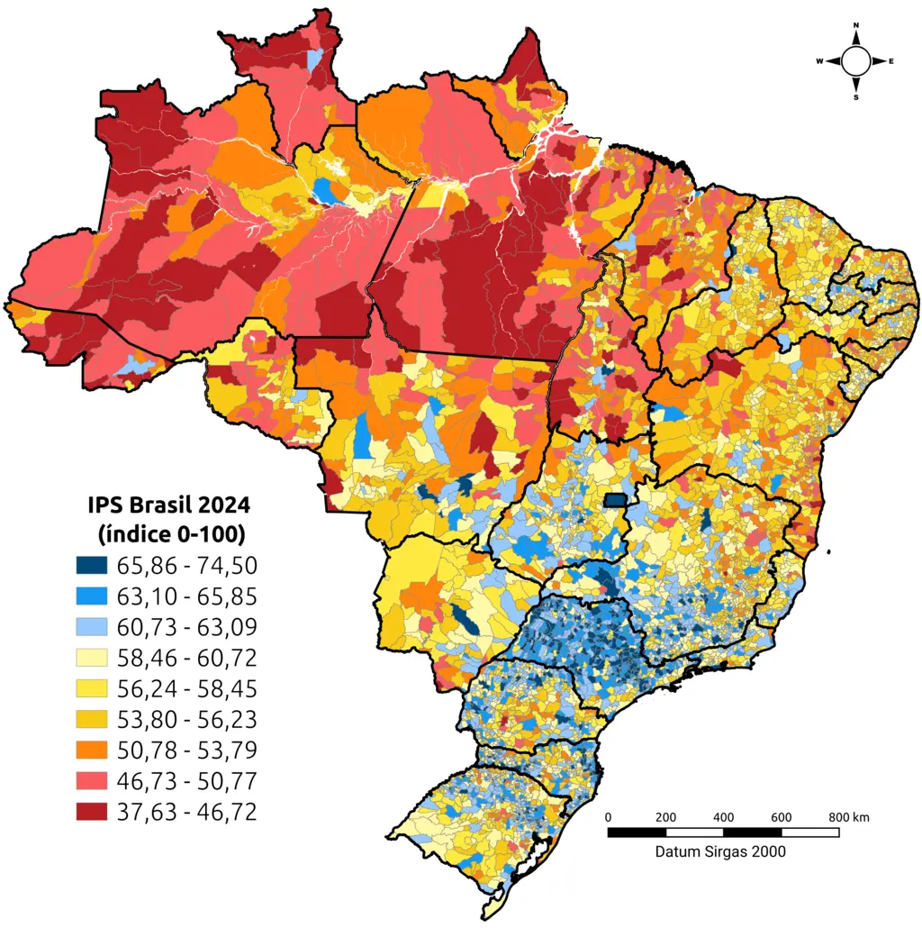 Mapa del Índice de Progreso Social en Brasil en 2024